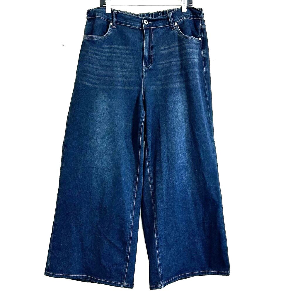 Bloomchic Blue Dark Wash Wide Leg Ankle Jeans Size 16 Pockets Hight Rise Stretch